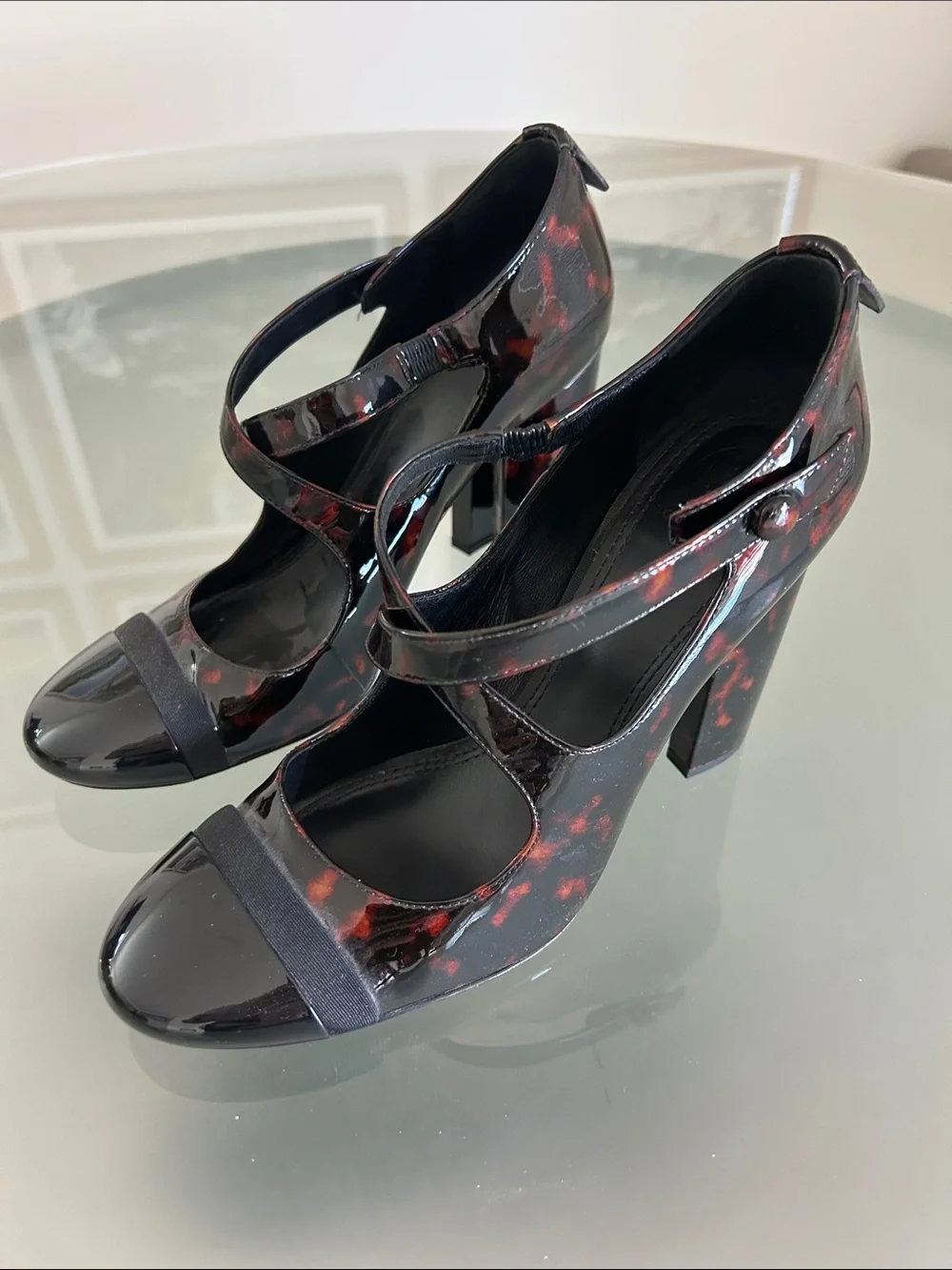 Tory Burch Patent Mary Jane Block Heel Pumps Tortoise Print Size 9